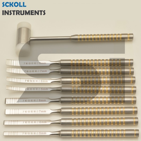 Chisels Set 9 pcs & Mallet for Bone Splitting Dental Implant Placement Orthopedic Surgeons